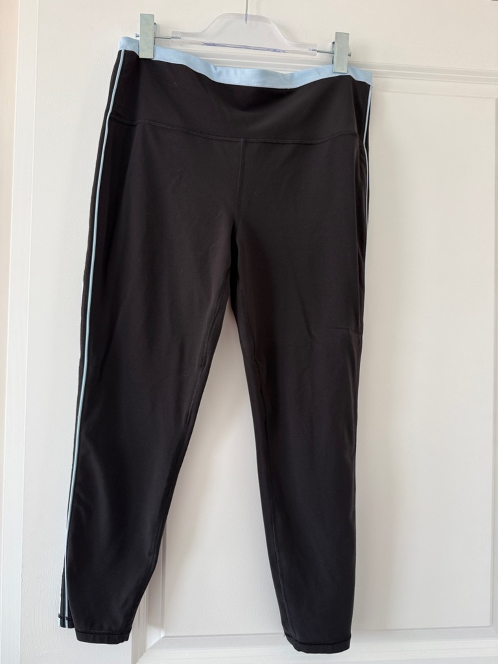 Athleta Black Leggings with Light Blue Waistband and Side Panels